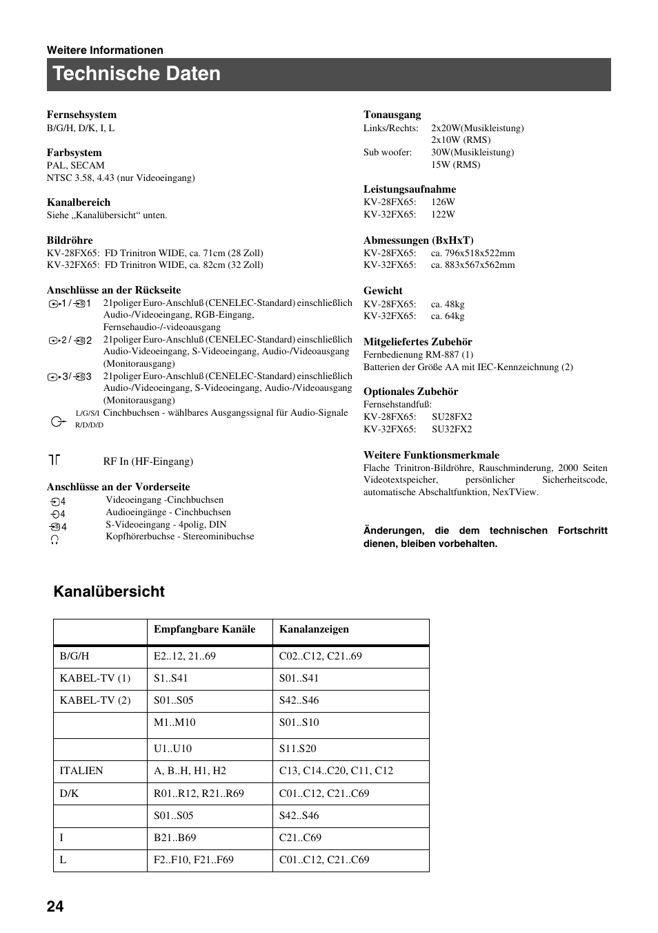 Technische daten, Kanalübersicht | Sony FD Trinitron KV-32FX65 B User Manual | Page 26 / 140