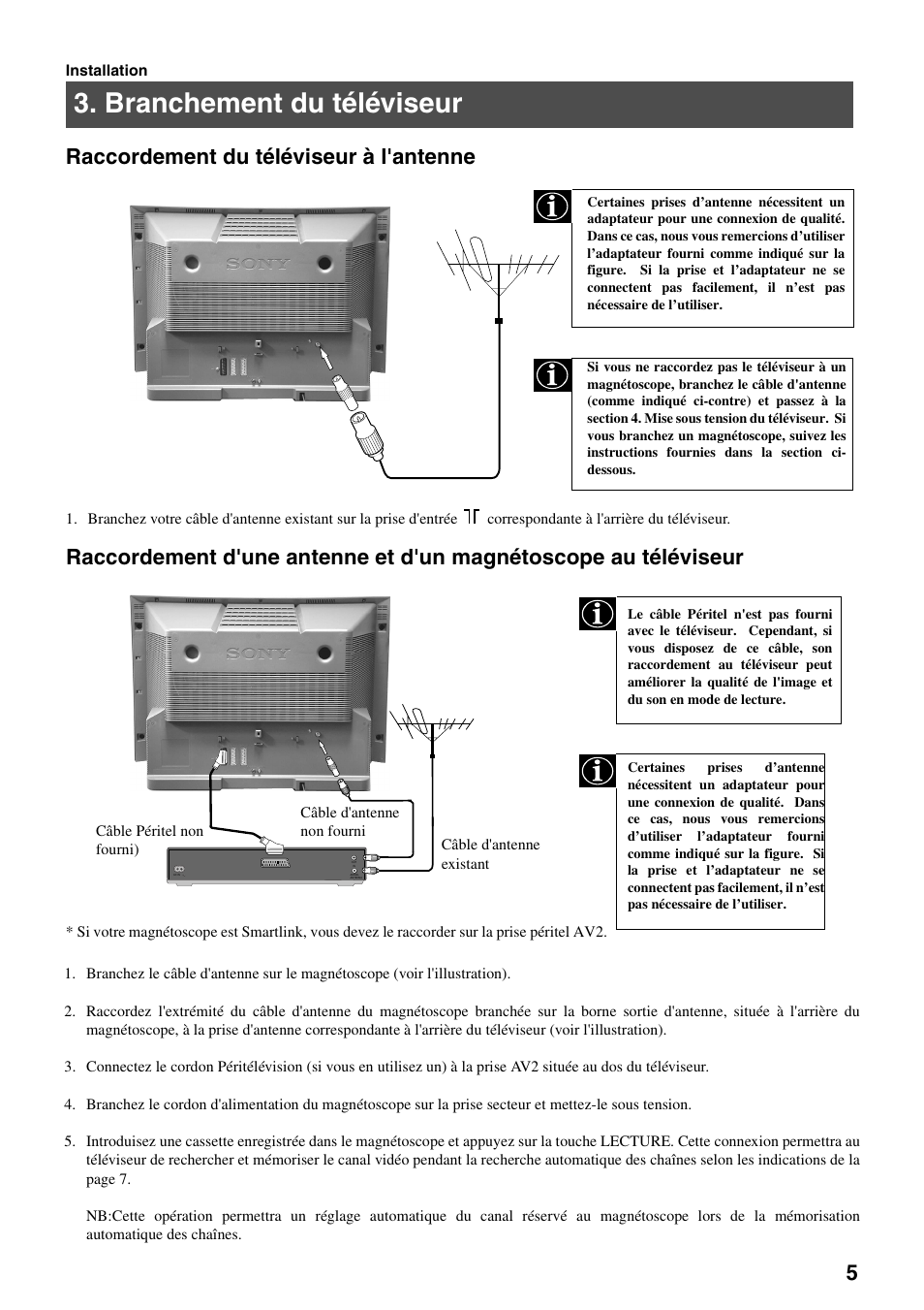 Branchement du téléviseur | Sony FD Trinitron KV-32FX65 B User Manual | Page 33 / 140