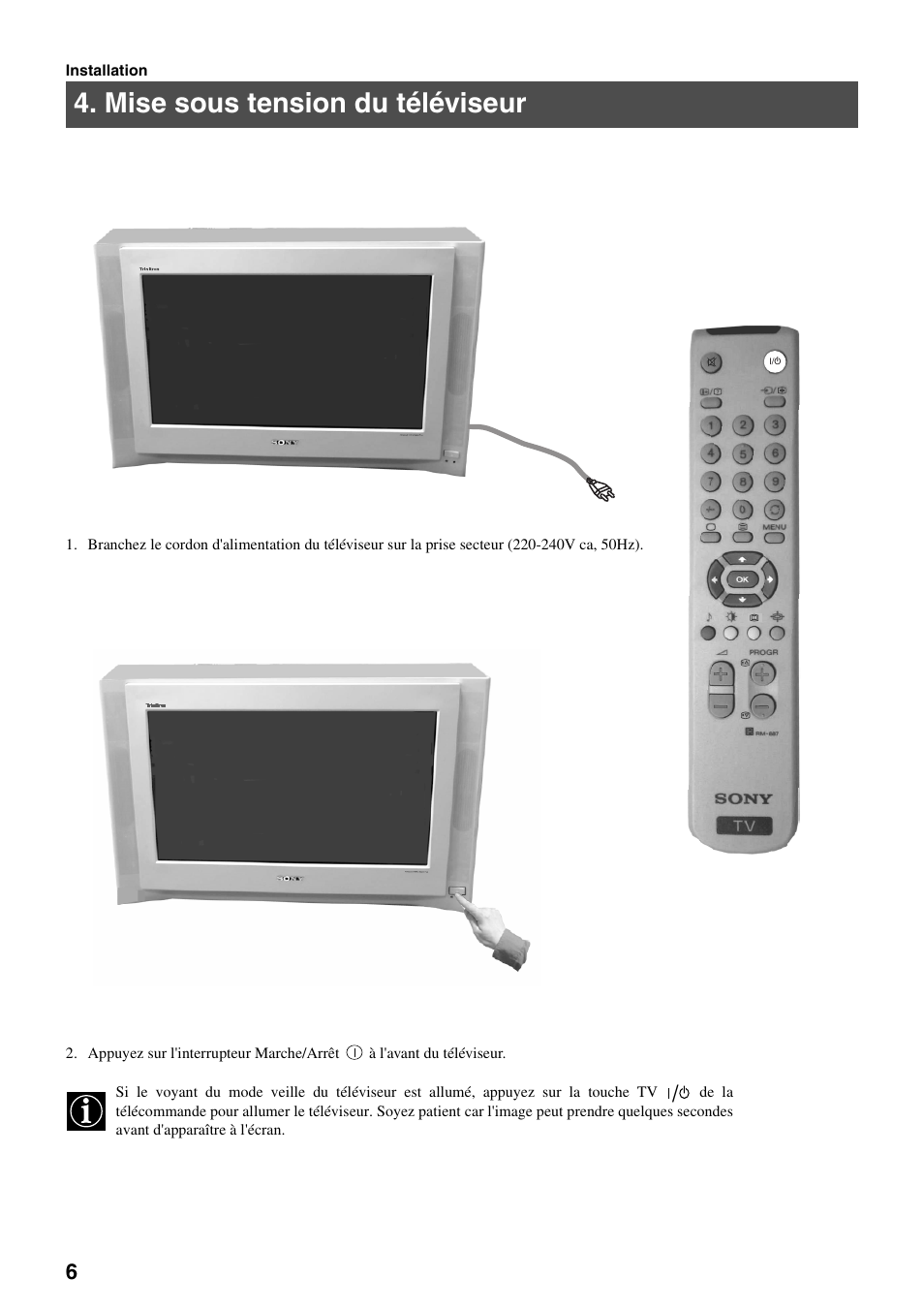 Mise sous tension du téléviseur | Sony FD Trinitron KV-32FX65 B User Manual | Page 34 / 140