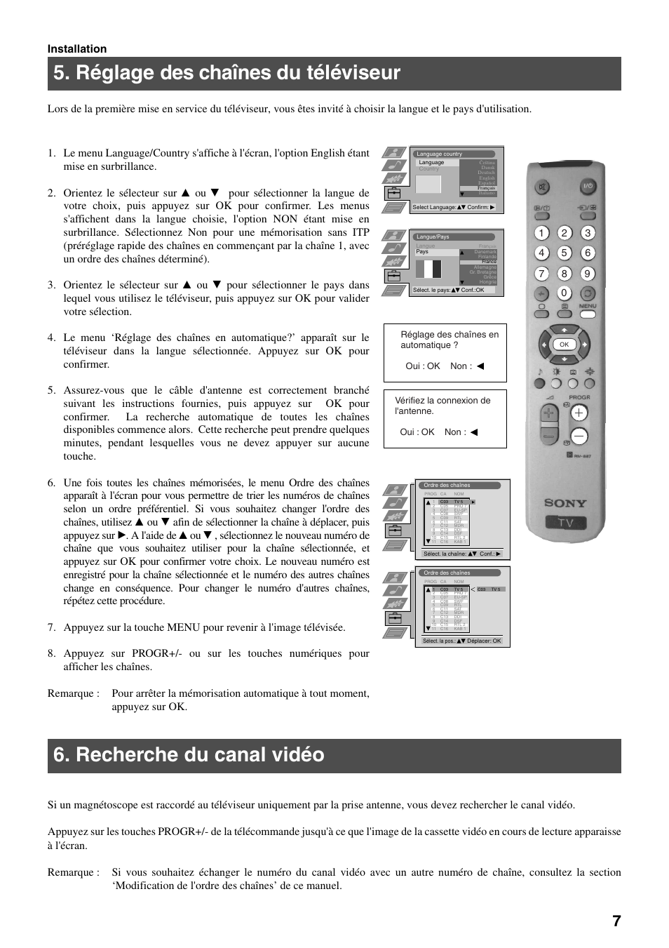Réglage des chaînes du téléviseur, Recherche du canal vidéo | Sony FD Trinitron KV-32FX65 B User Manual | Page 35 / 140