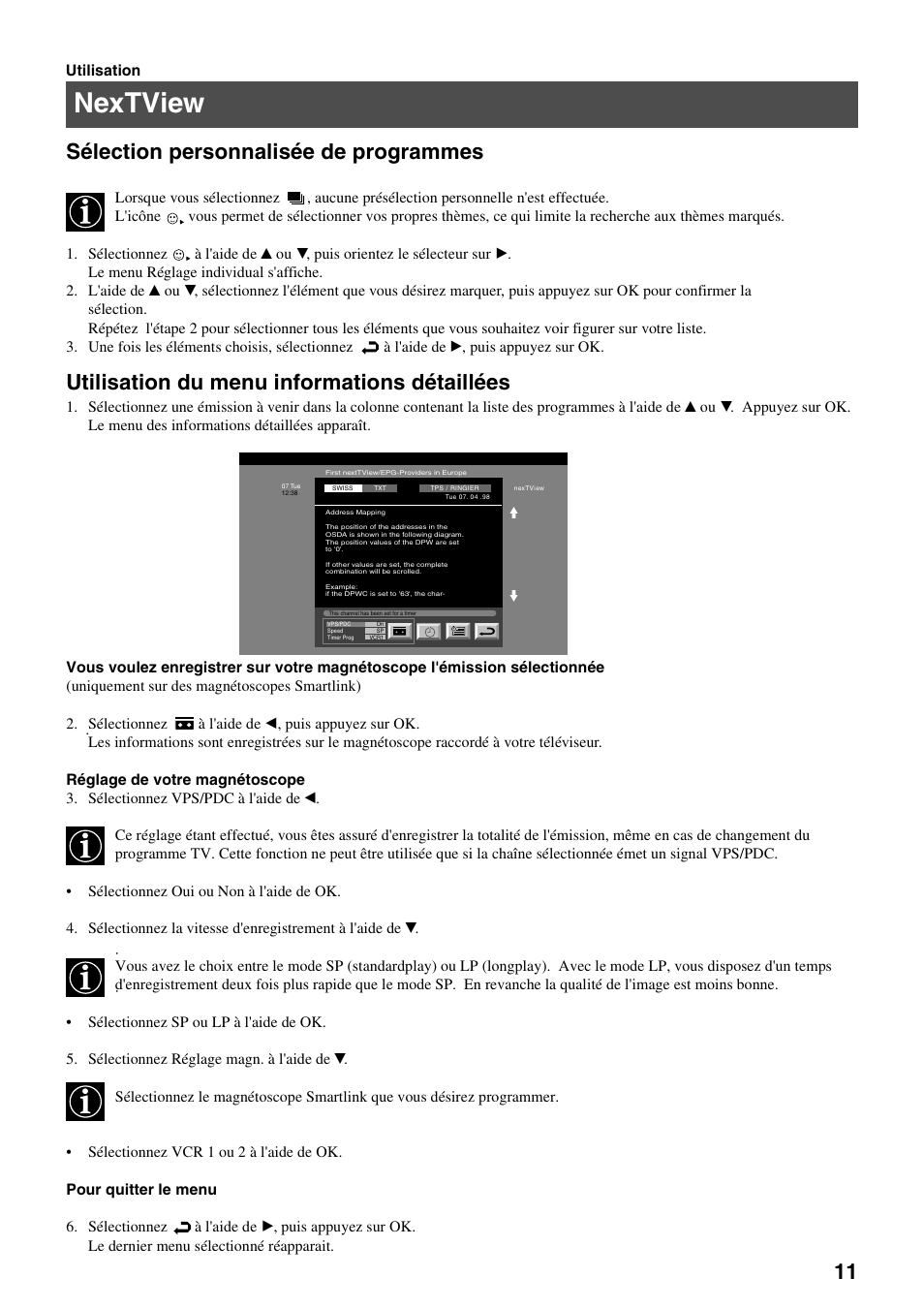 Nextview, Sélection personnalisée de programmes, Utilisation du menu informations détaillées | Sony FD Trinitron KV-32FX65 B User Manual | Page 39 / 140