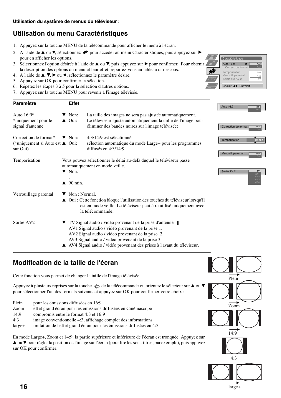 Utilisation du menu caractéristiques, Modification de la taille de l'écran | Sony FD Trinitron KV-32FX65 B User Manual | Page 44 / 140