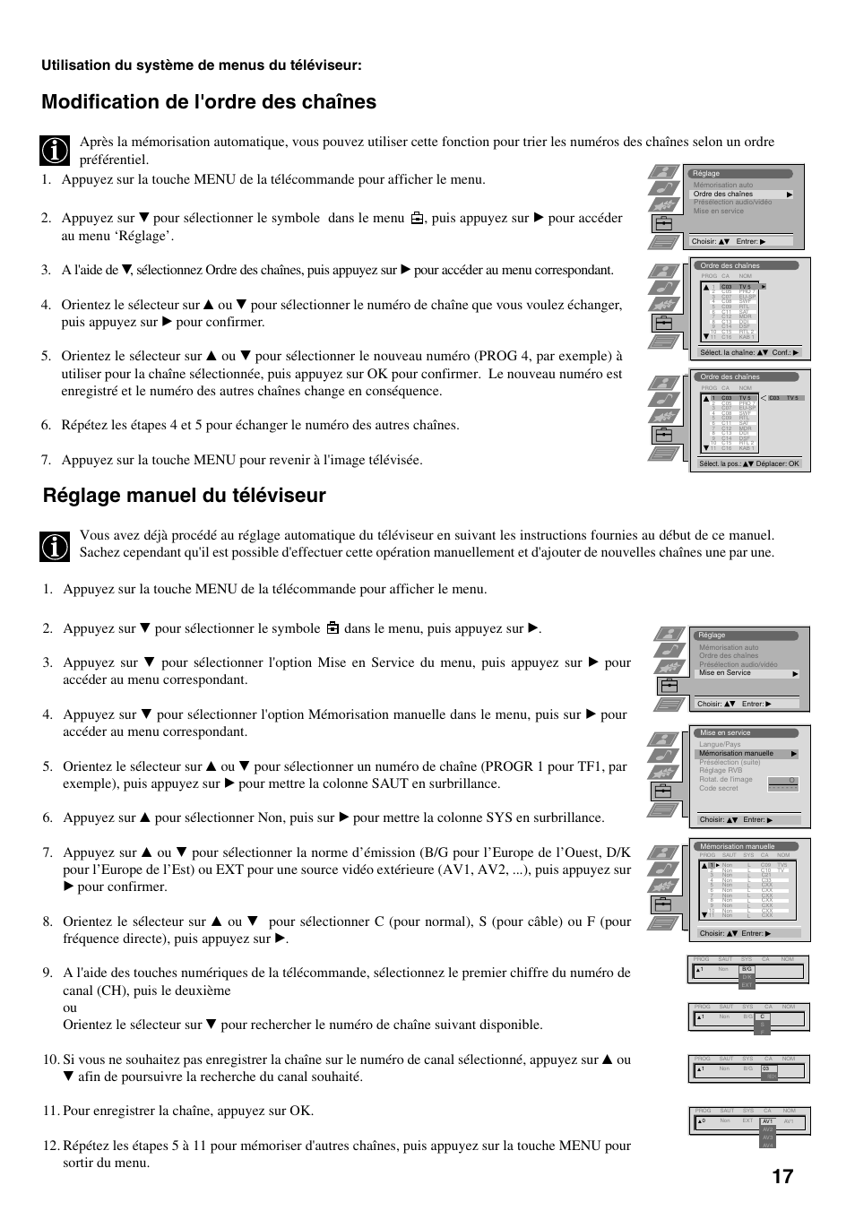 Modification de l'ordre des chaînes, Réglage manuel du téléviseur, Utilisation du système de menus du téléviseur | Sony FD Trinitron KV-32FX65 B User Manual | Page 45 / 140