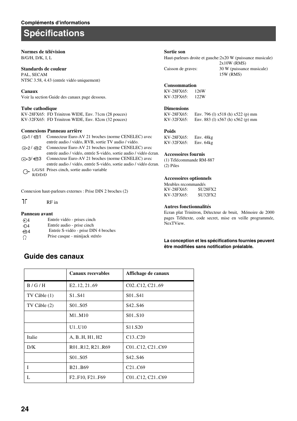 Spécifications, Guide des canaux | Sony FD Trinitron KV-32FX65 B User Manual | Page 52 / 140