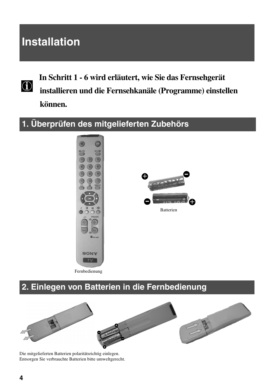 Installation | Sony FD Trinitron KV-32FX65 B User Manual | Page 6 / 140