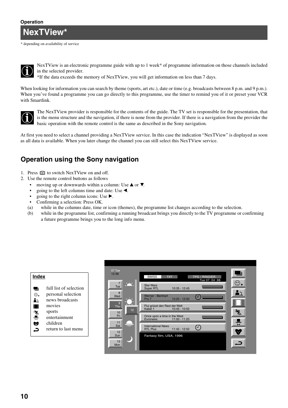 Nextview, Operation using the sony navigation | Sony FD Trinitron KV-32FX65 B User Manual | Page 68 / 140