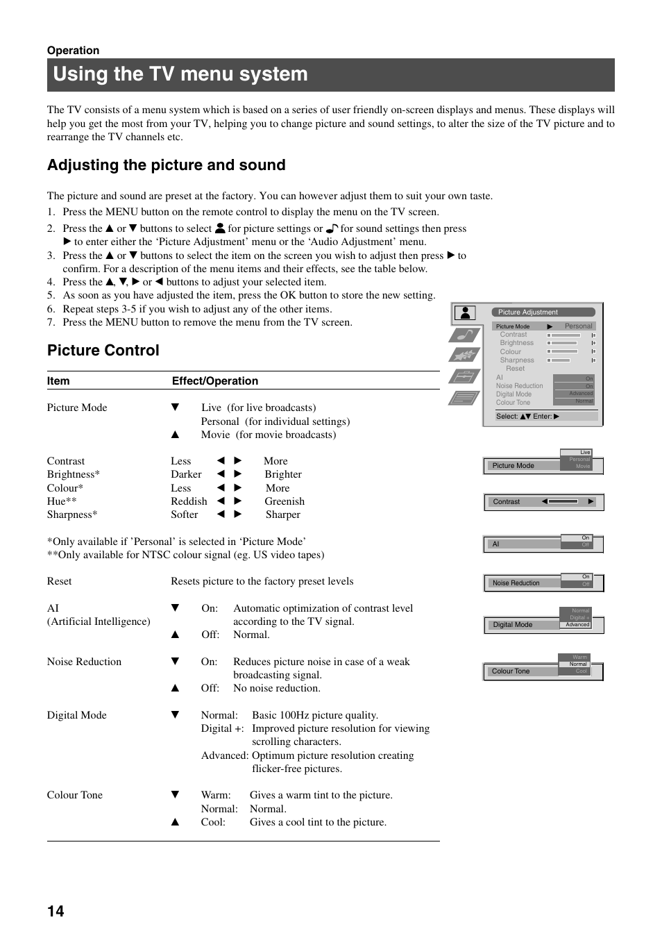 Using the tv menu system, Adjusting the picture and sound, Picture control | Sony FD Trinitron KV-32FX65 B User Manual | Page 72 / 140