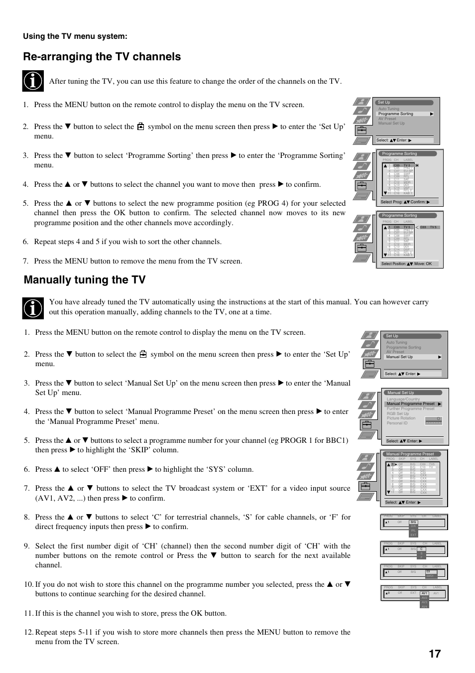 Re-arranging the tv channels, Manually tuning the tv, Using the tv menu system | Sony FD Trinitron KV-32FX65 B User Manual | Page 75 / 140