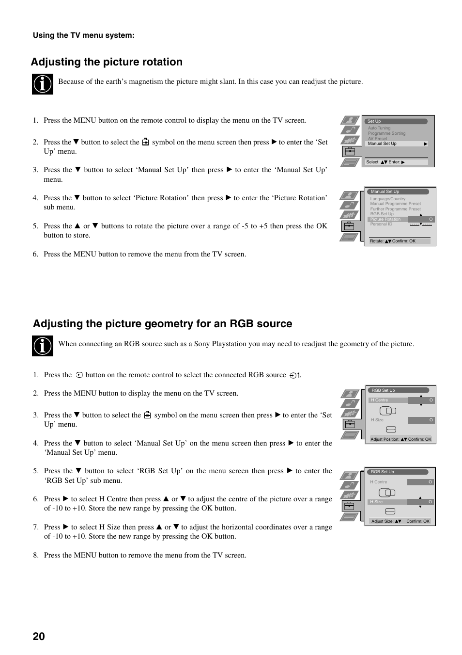 Adjusting the picture geometry for an rgb source, Adjusting the picture rotation | Sony FD Trinitron KV-32FX65 B User Manual | Page 78 / 140