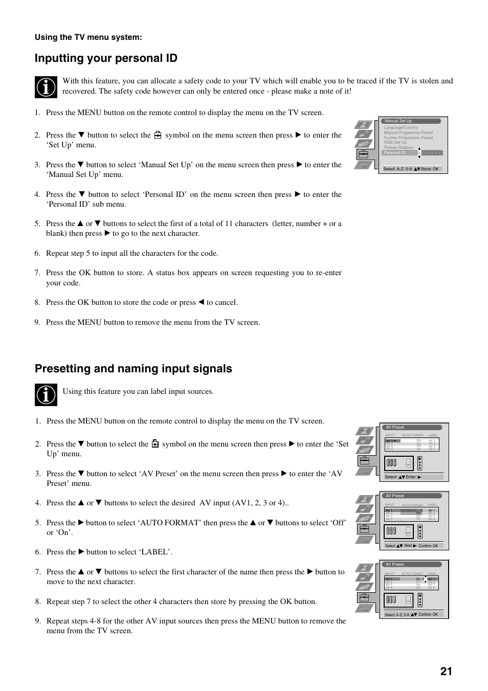 Inputting your personal id, Presetting and naming input signals, Using the tv menu system | Using this feature you can label input sources | Sony FD Trinitron KV-32FX65 B User Manual | Page 79 / 140