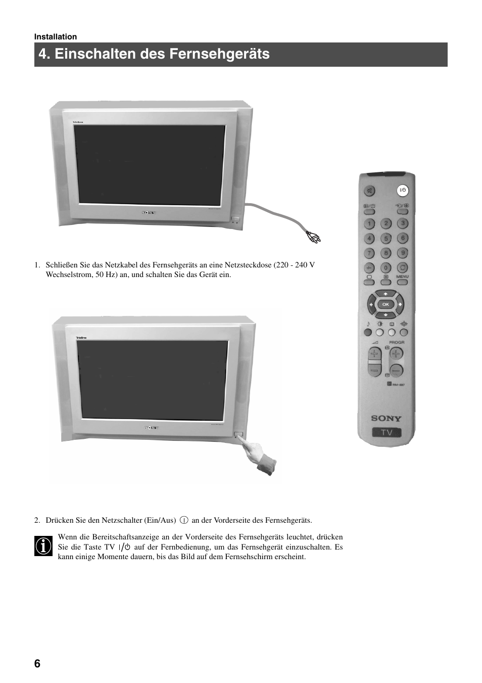 Einschalten des fernsehgeräts | Sony FD Trinitron KV-32FX65 B User Manual | Page 8 / 140