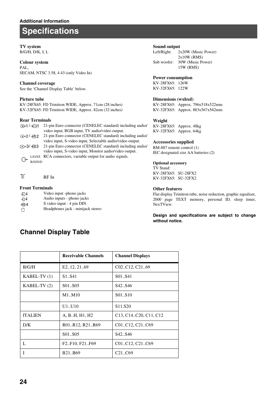 Specifications, Channel display table | Sony FD Trinitron KV-32FX65 B User Manual | Page 82 / 140