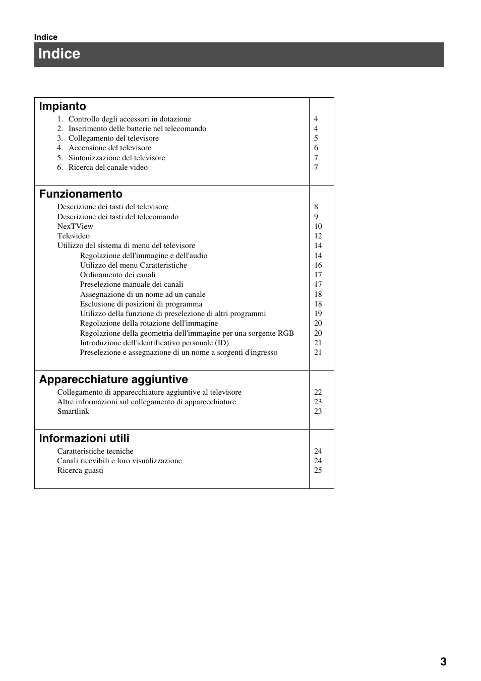 Indice, Impianto, Funzionamento | Apparecchiature aggiuntive, Informazioni utili | Sony FD Trinitron KV-32FX65 B User Manual | Page 87 / 140