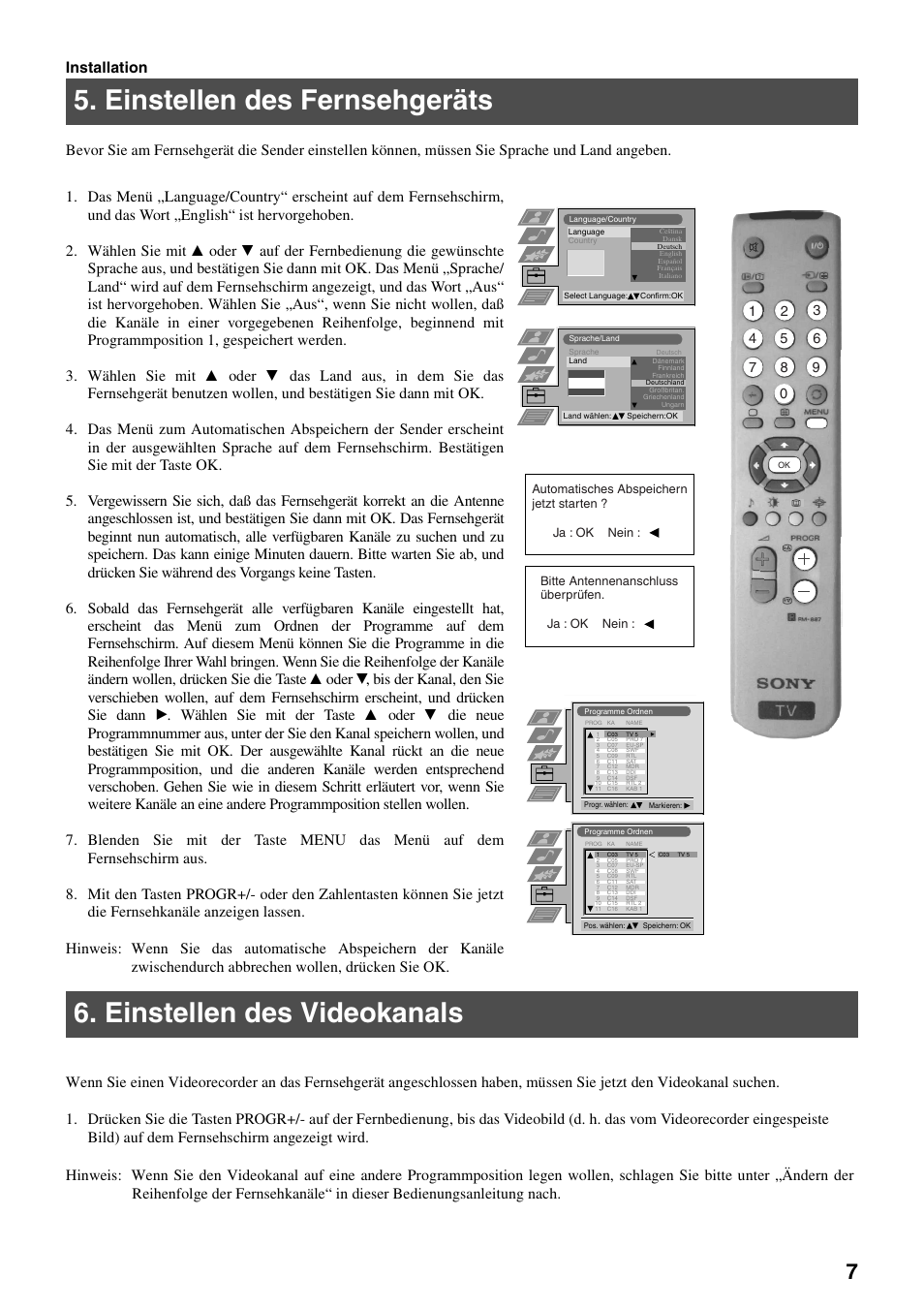 Einstellen des fernsehgeräts, Einstellen des videokanals | Sony FD Trinitron KV-32FX65 B User Manual | Page 9 / 140
