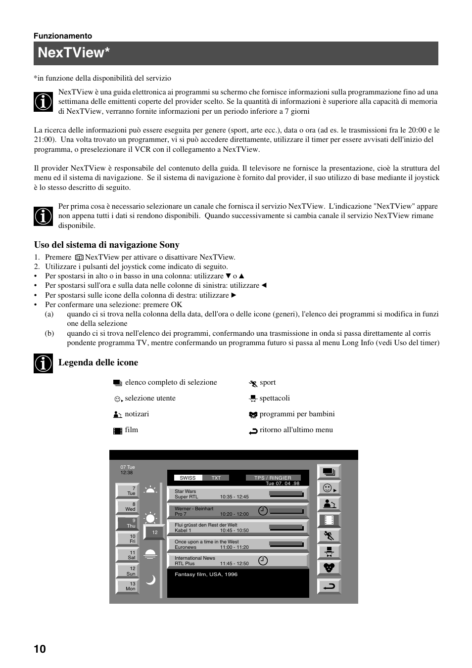 Nextview, Uso del sistema di navigazione sony, Legenda delle icone | Sony FD Trinitron KV-32FX65 B User Manual | Page 94 / 140