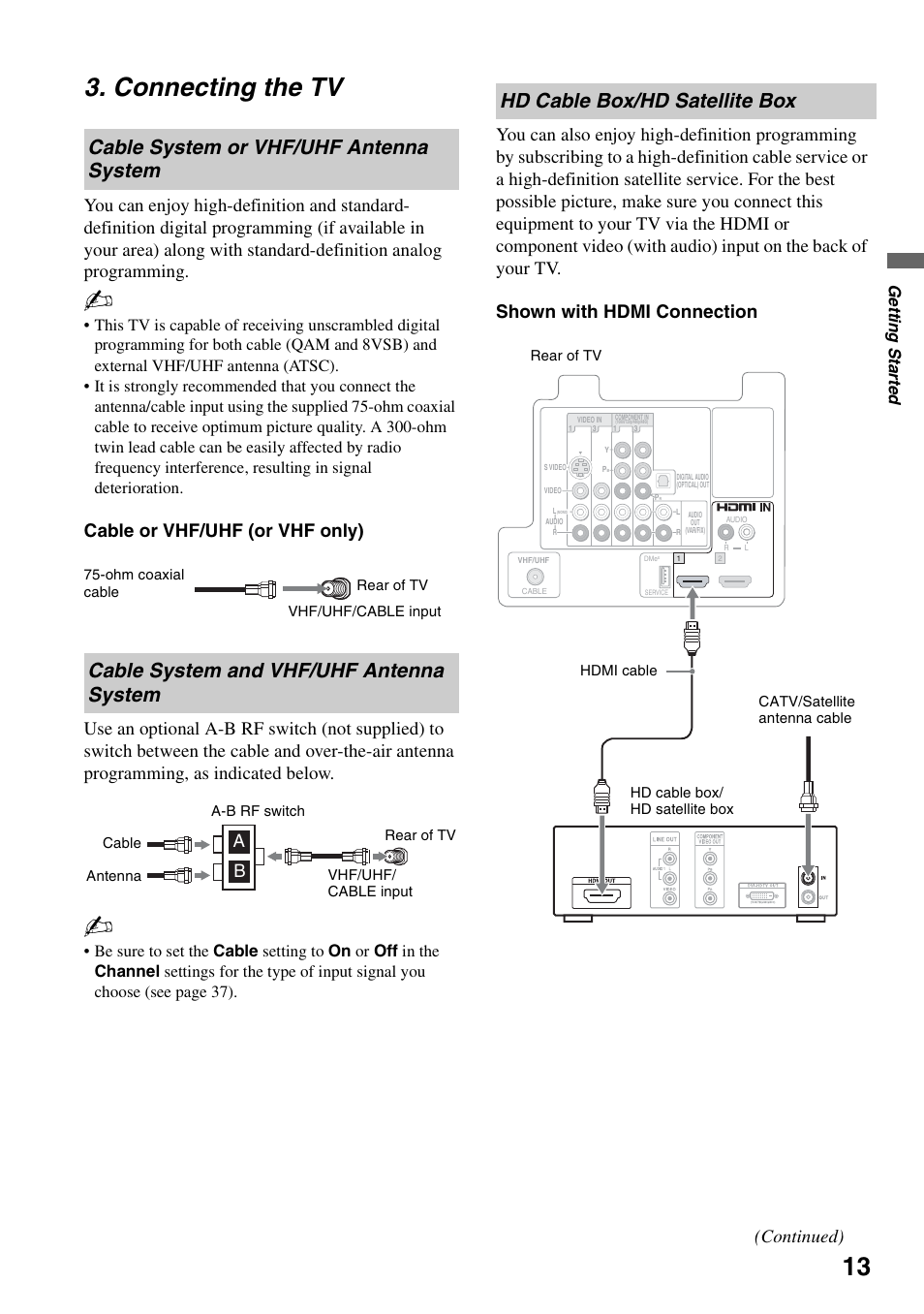 Connecting the tv, Cable system or vhf/uhf antenna system, Cable system and vhf/uhf antenna system | Hd cable box/hd satellite box, Cable system or vhf/uhf antenna, System, Cable system and vhf/uhf antenna, Continued), Getti ng sta rted | Sony KDF-50E3000 User Manual | Page 13 / 52