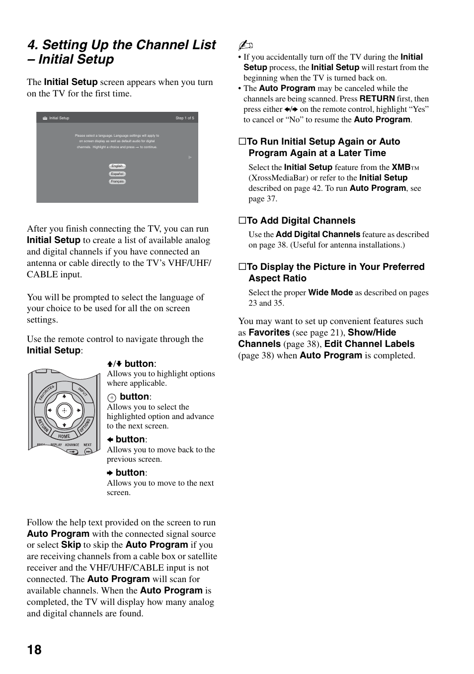 Setting up the channel list - initial setup, Setting up the channel list, Initial setup | 18 4. setting up the channel list – initial setup | Sony KDF-50E3000 User Manual | Page 18 / 52