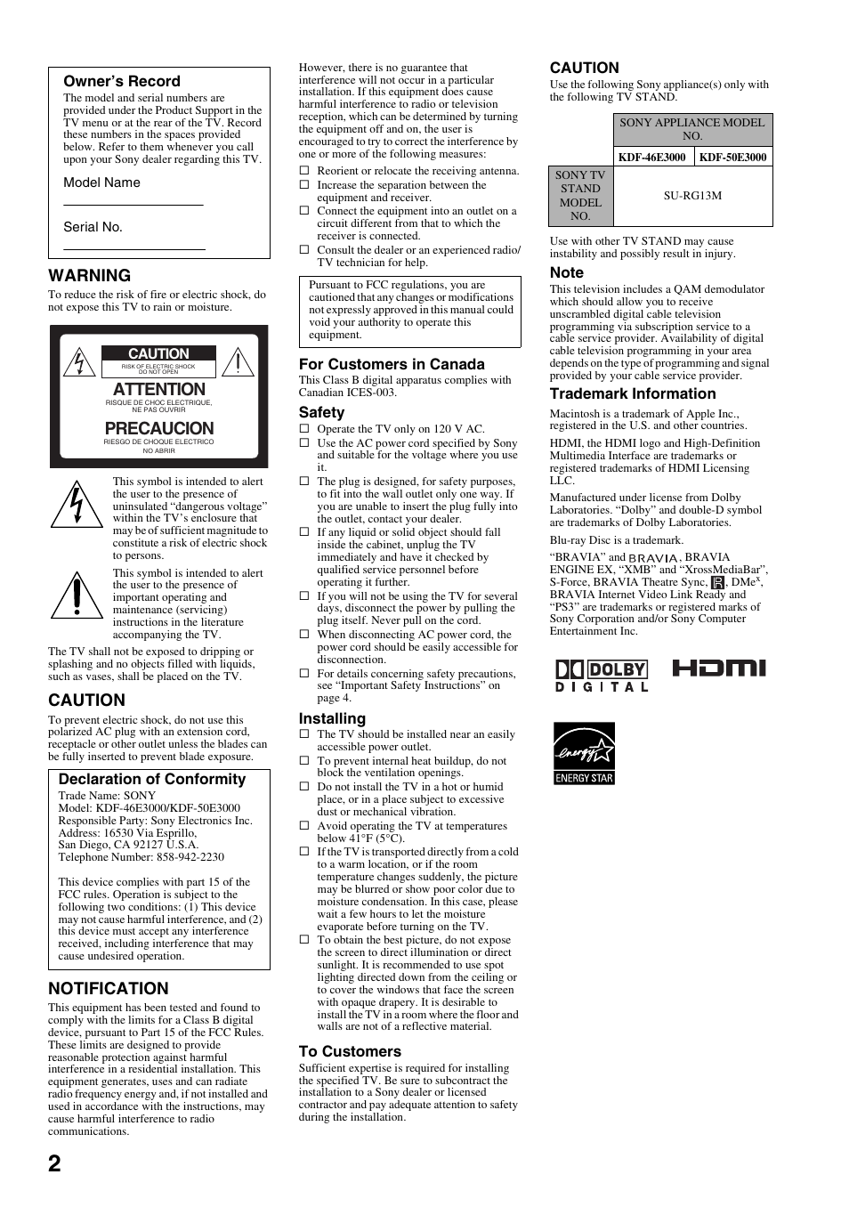 Warning, Caution, Notification | Attention, Precaucion, For customers in canada, Safety, Installing, Trademark information, Owner’s record | Sony KDF-50E3000 User Manual | Page 2 / 52