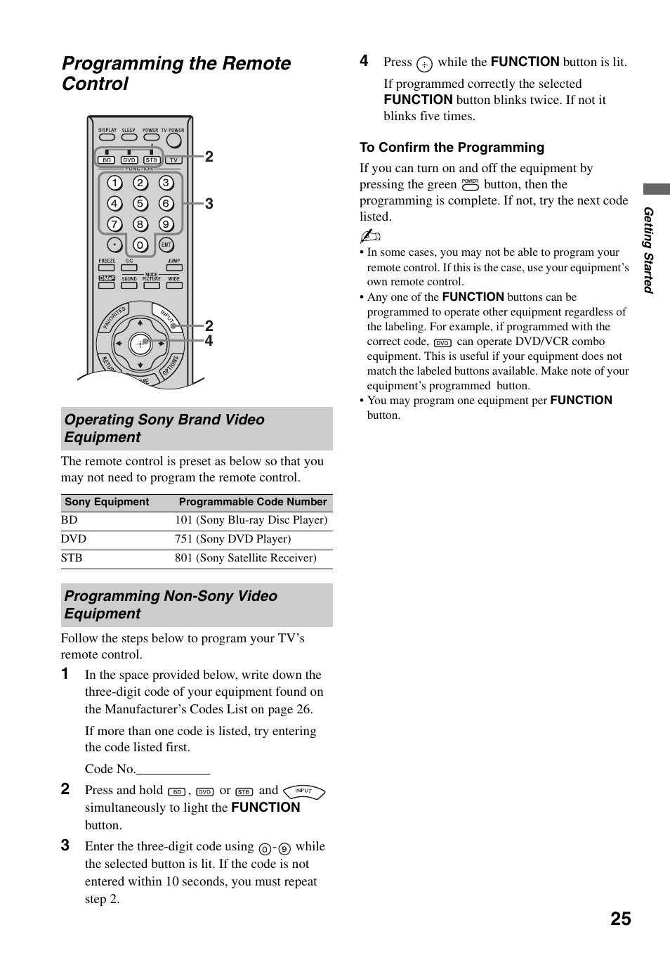 Programming the remote control, Operating sony brand video equipment, Programming non-sony video equipment | Operating sony brand video, Equipment, Programming non-sony video | Sony KDF-50E3000 User Manual | Page 25 / 52