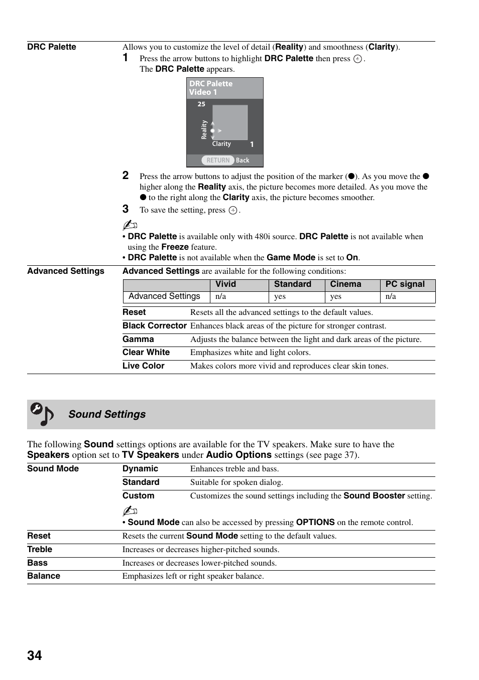 Sound settings | Sony KDF-50E3000 User Manual | Page 34 / 52