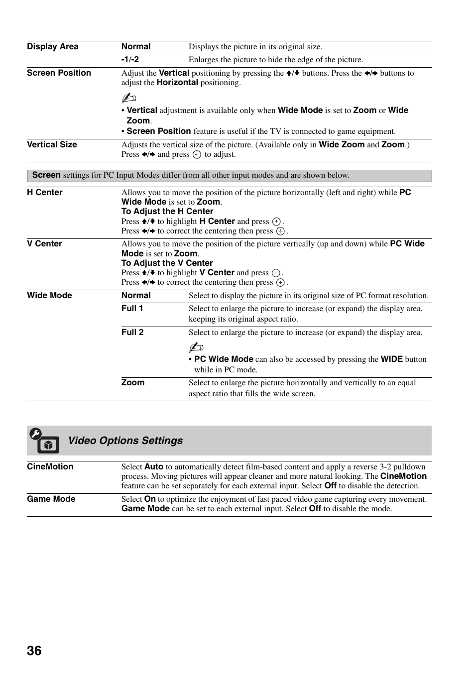 Video options settings, Nd 36 | Sony KDF-50E3000 User Manual | Page 36 / 52