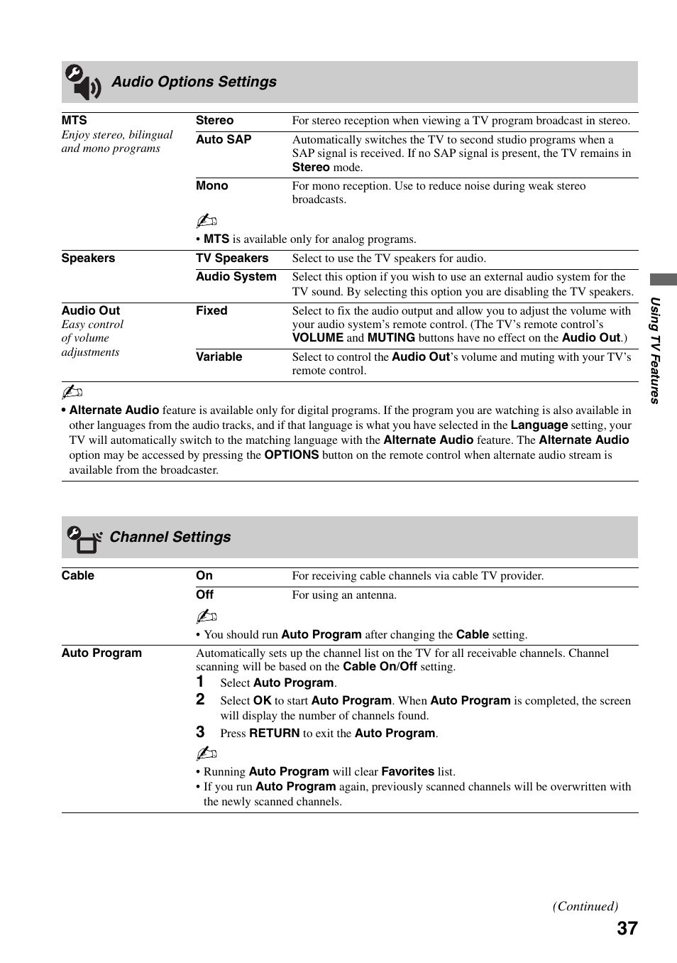 Audio options settings, Channel settings, Audio options settings channel settings | Sony KDF-50E3000 User Manual | Page 37 / 52