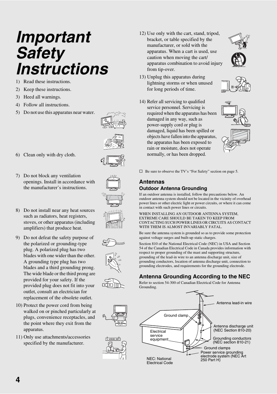 Important safety instructions | Sony KDF-50E3000 User Manual | Page 4 / 52