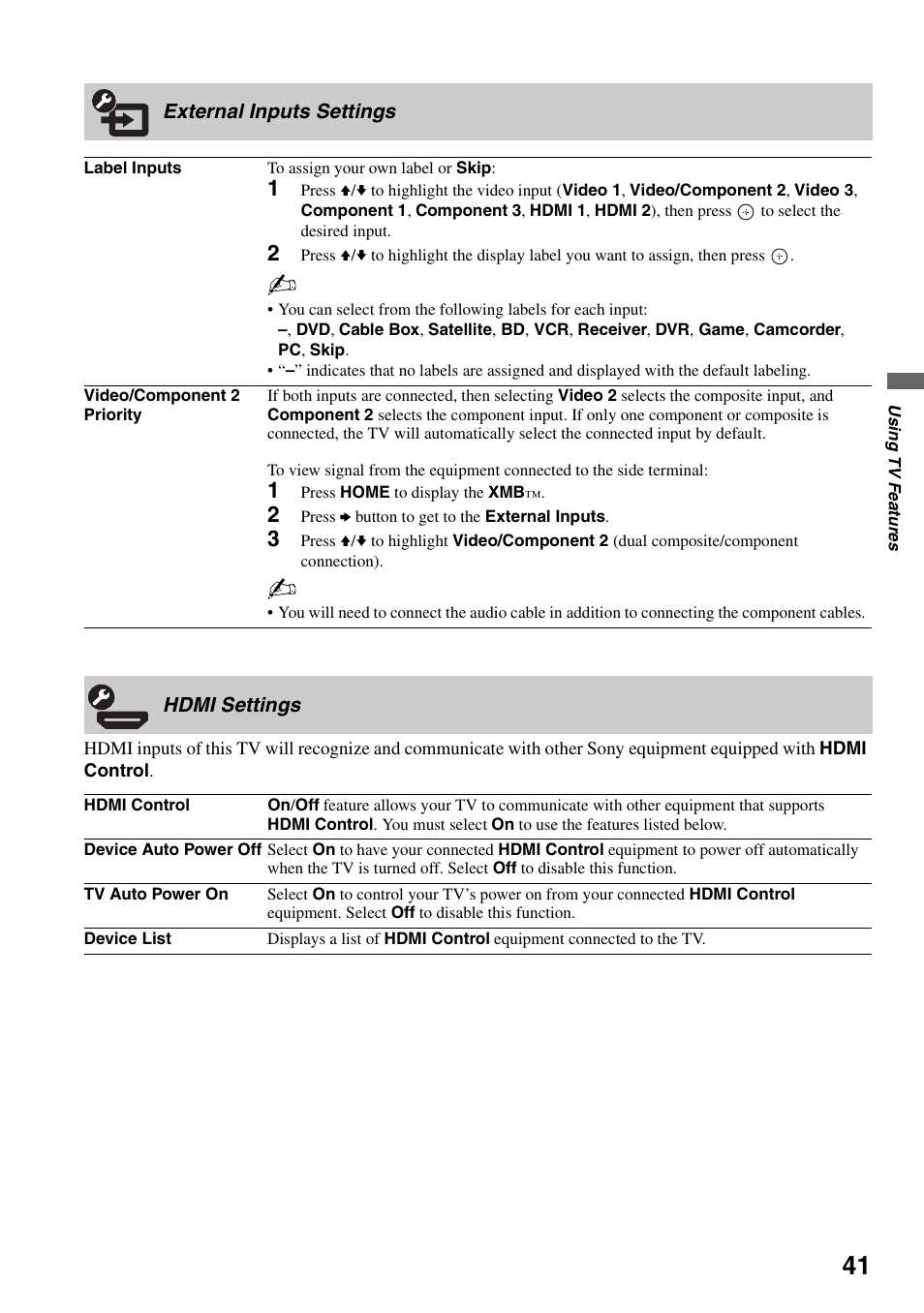 External inputs settings, Hdmi settings, External inputs settings hdmi settings | Sony KDF-50E3000 User Manual | Page 41 / 52