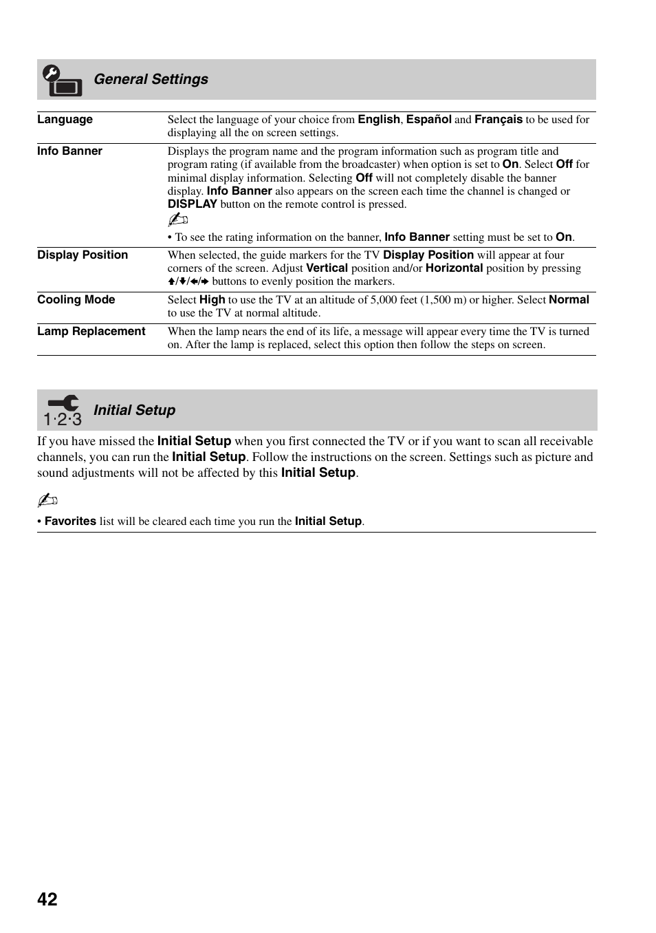 General settings, Initial setup, General settings initial setup | Sony KDF-50E3000 User Manual | Page 42 / 52