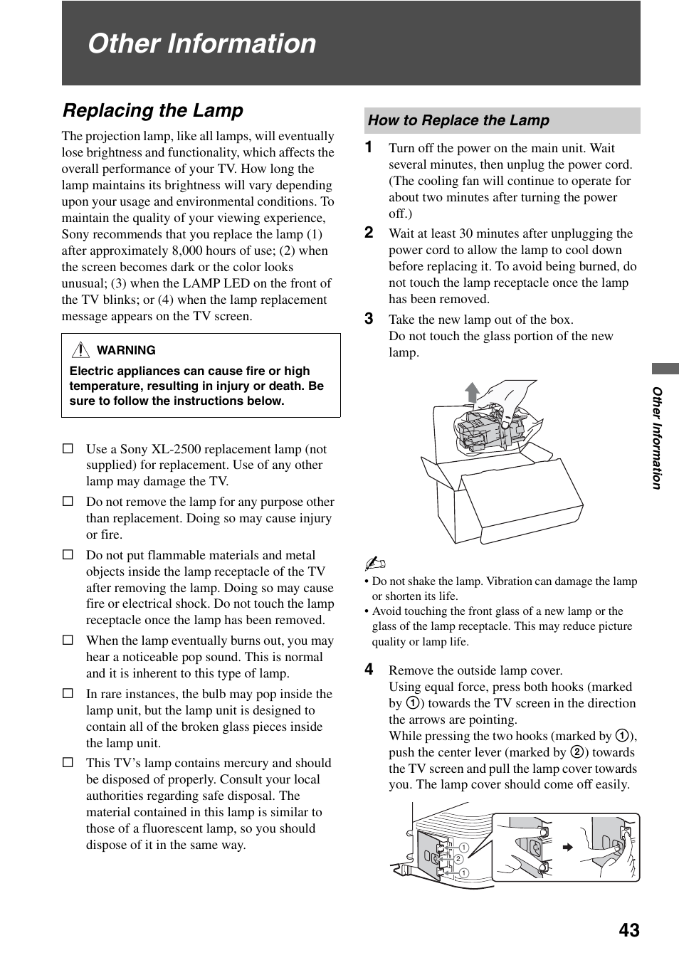 Other information, Replacing the lamp, How to replace the lamp | Sony KDF-50E3000 User Manual | Page 43 / 52