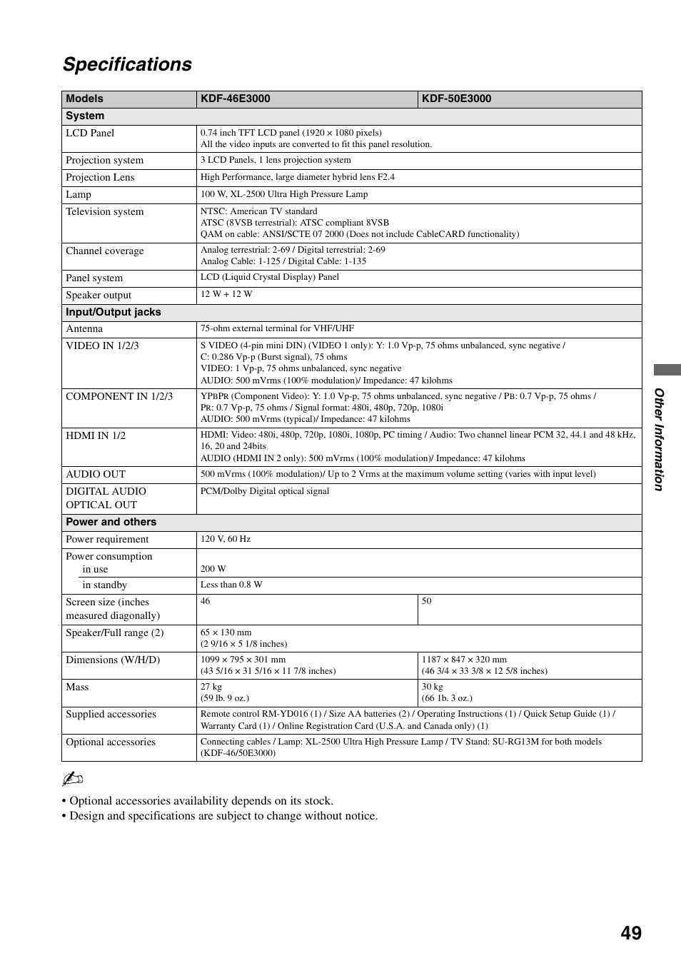 Specifications | Sony KDF-50E3000 User Manual | Page 49 / 52