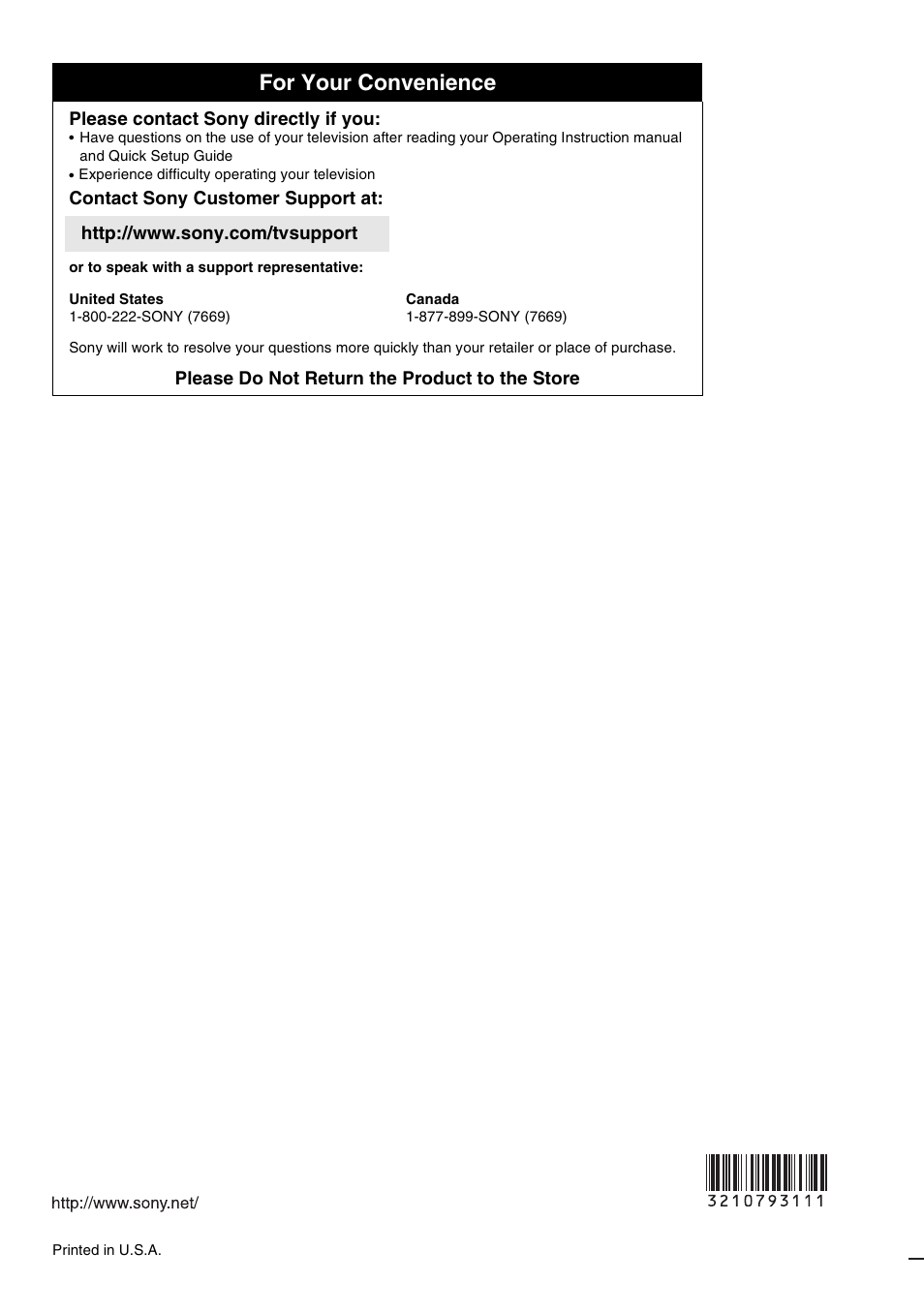 For your convenience, Please contact sony directly if you, Please do not return the product to the store | Sony KDF-50E3000 User Manual | Page 52 / 52