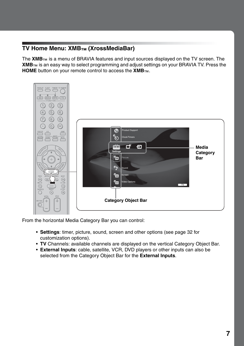 Tv home menu: xmb™ (xrossmediabar), Tv home menu: xmb, Xrossmediabar) | Sony KDF-50E3000 User Manual | Page 7 / 52