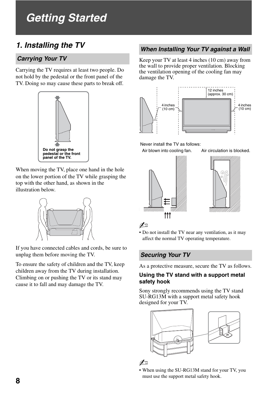 Getting started, Installing the tv, Carrying your tv | When installing your tv against a wall, Securing your tv | Sony KDF-50E3000 User Manual | Page 8 / 52