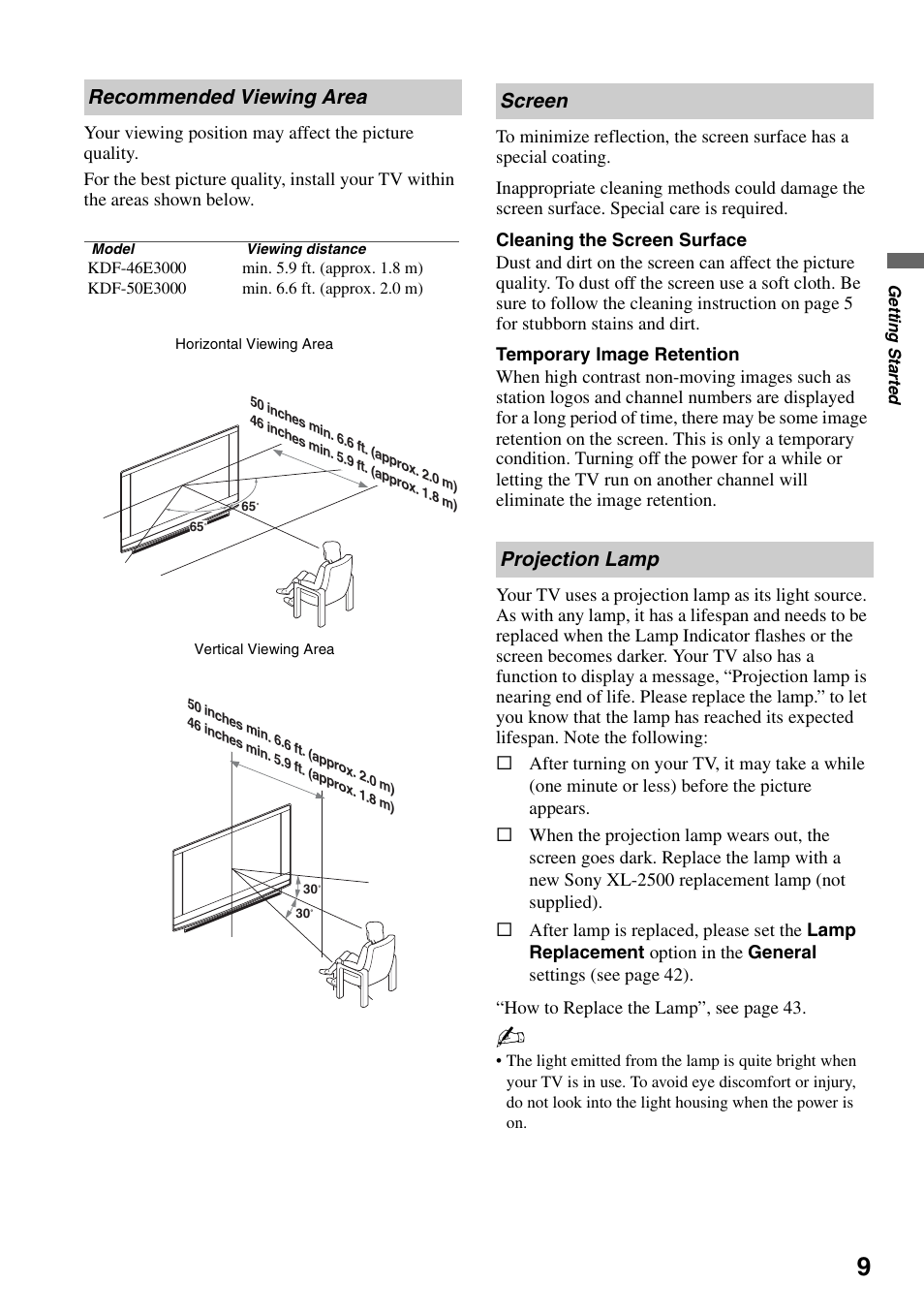 Recommended viewing area, Screen, Projection lamp | Recommended viewing area screen projection lamp, Screen projection lamp | Sony KDF-50E3000 User Manual | Page 9 / 52