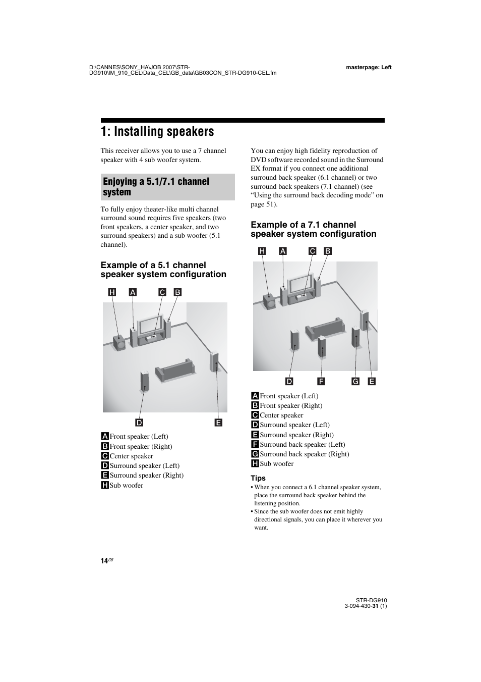 Installing speakers, Enjoying a 5.1/7.1 channel system | Sony STRDG910 User Manual | Page 14 / 96