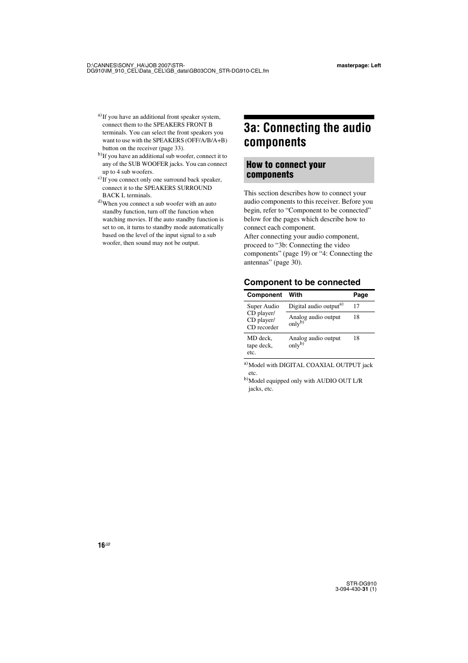 3a: connecting the audio components, How to connect your components, Component to be connected | Sony STRDG910 User Manual | Page 16 / 96