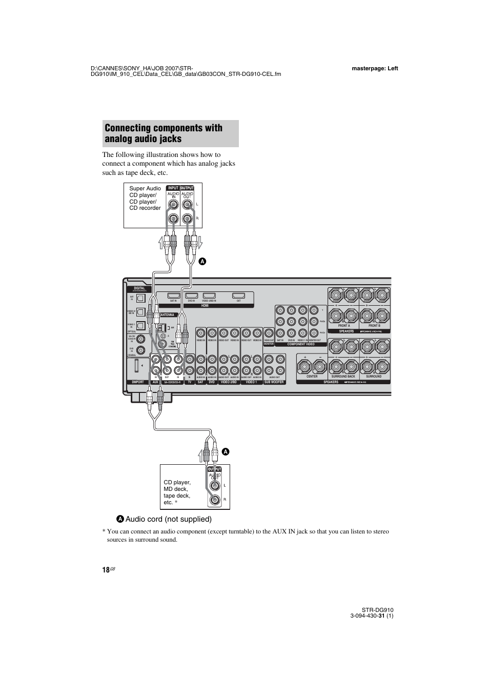 Connecting components with analog audio jacks, Aaudio cord (not supplied) a, Super audio cd player/ cd player/ cd recorder | Cd player, md deck, tape deck, etc | Sony STRDG910 User Manual | Page 18 / 96