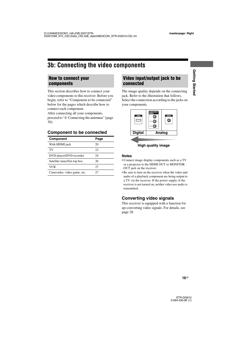 3b: connecting the video components, Refer to “component to be connected, How to connect your components | Video input/output jack to be connected, Component to be connected, Converting video signals | Sony STRDG910 User Manual | Page 19 / 96