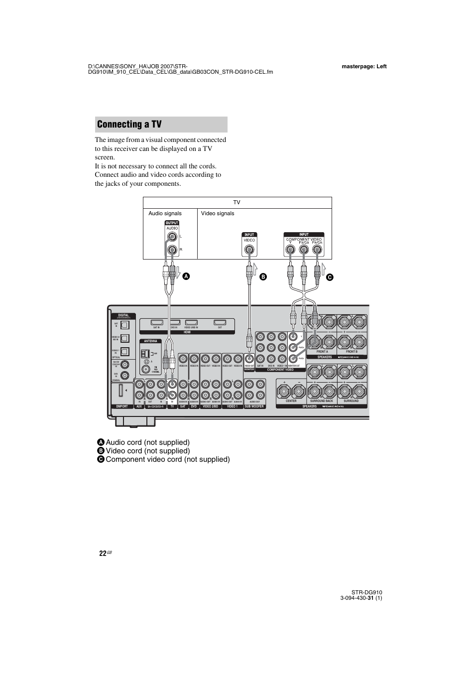 E 22–2, Connecting a tv, Audio signals video signals | Sony STRDG910 User Manual | Page 22 / 96