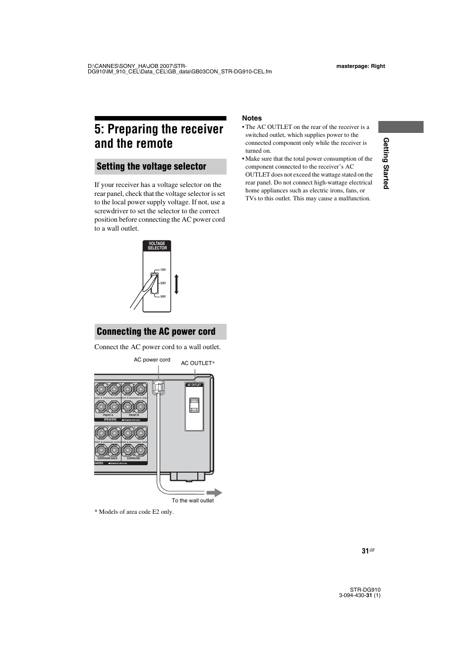 Preparing the receiver and the remote, Getting star ted | Sony STRDG910 User Manual | Page 31 / 96