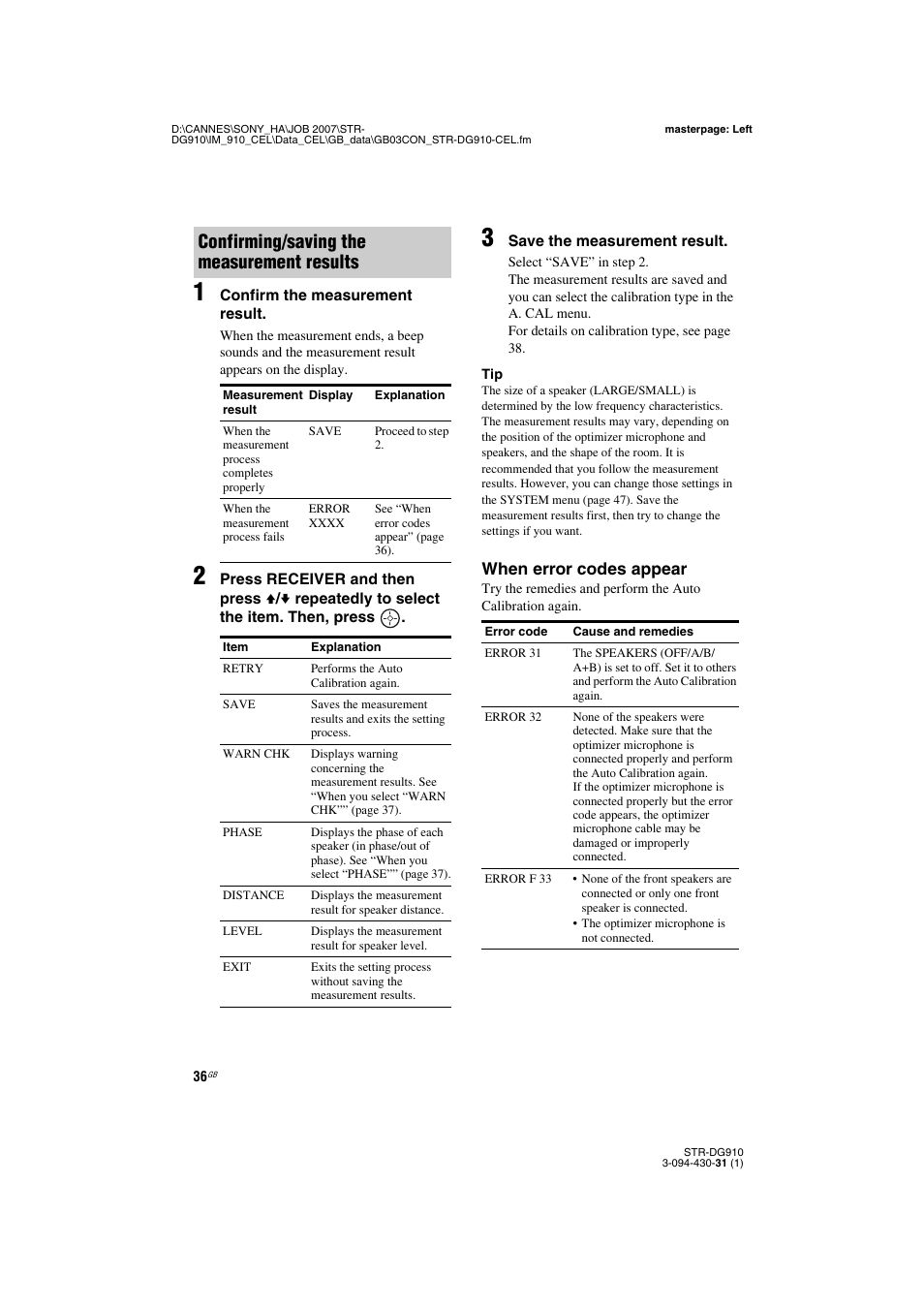 Confirming/saving the measurement results, When error codes appear | Sony STRDG910 User Manual | Page 36 / 96
