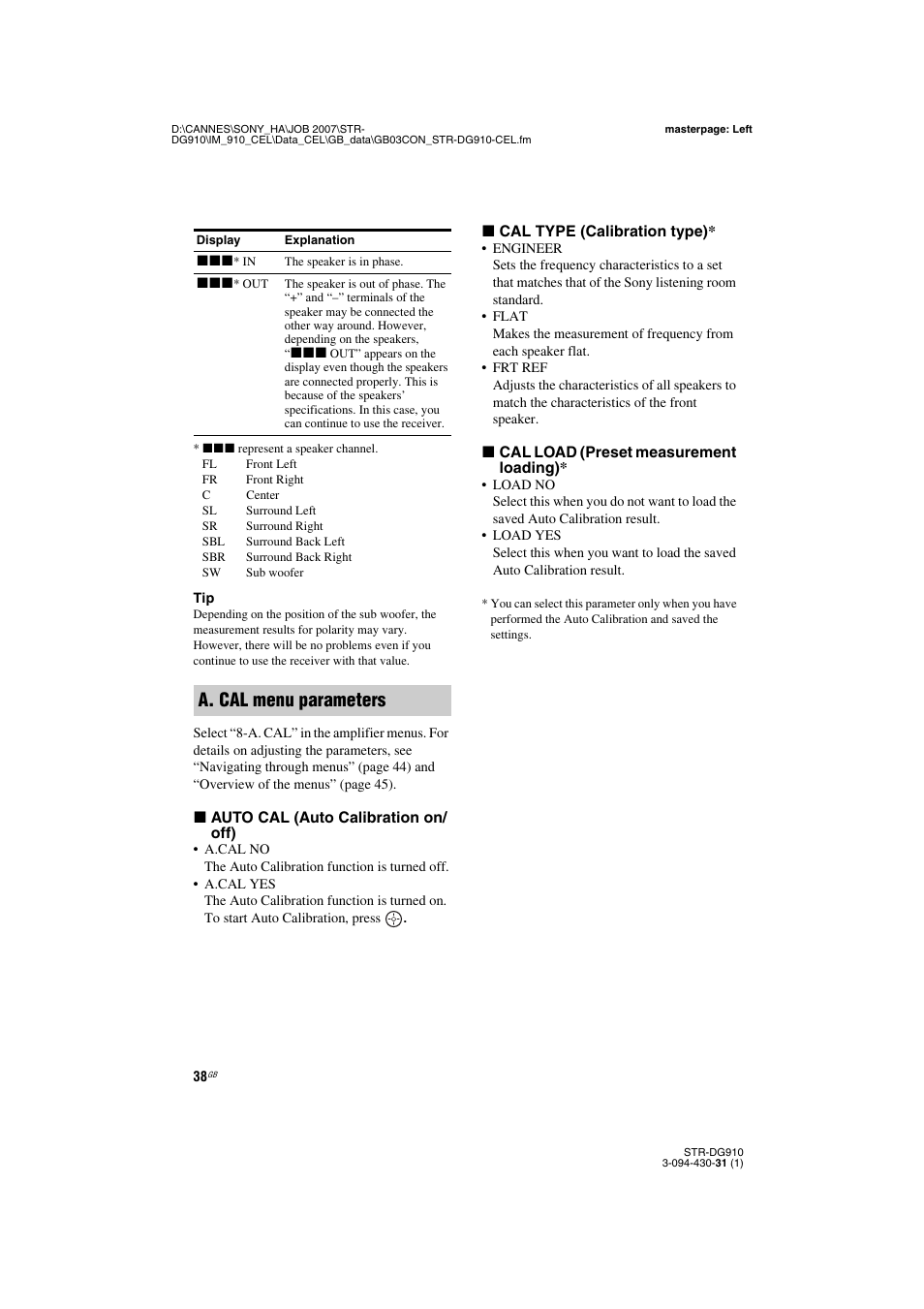 A. cal menu parameters | Sony STRDG910 User Manual | Page 38 / 96