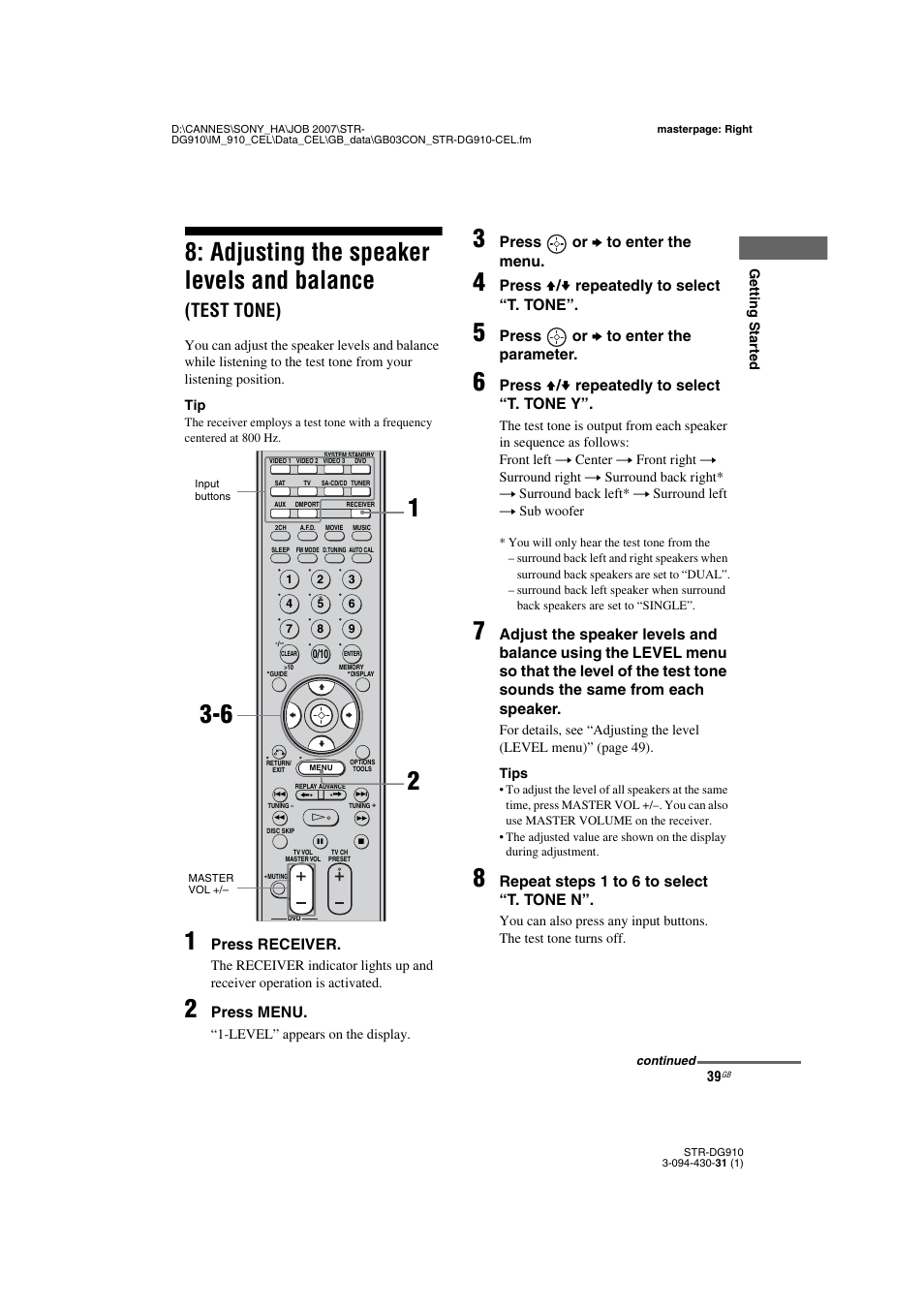 Adjusting the speaker levels and balance, Test tone) | Sony STRDG910 User Manual | Page 39 / 96