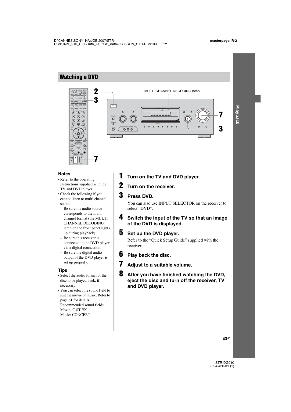 Watching a dvd, Turn on the tv and dvd player, Turn on the receiver | Press dvd, Set up the dvd player, Play back the disc, Adjust to a suitable volume, Play b a ck, Tips, Multi channel decoding lamp | Sony STRDG910 User Manual | Page 43 / 96