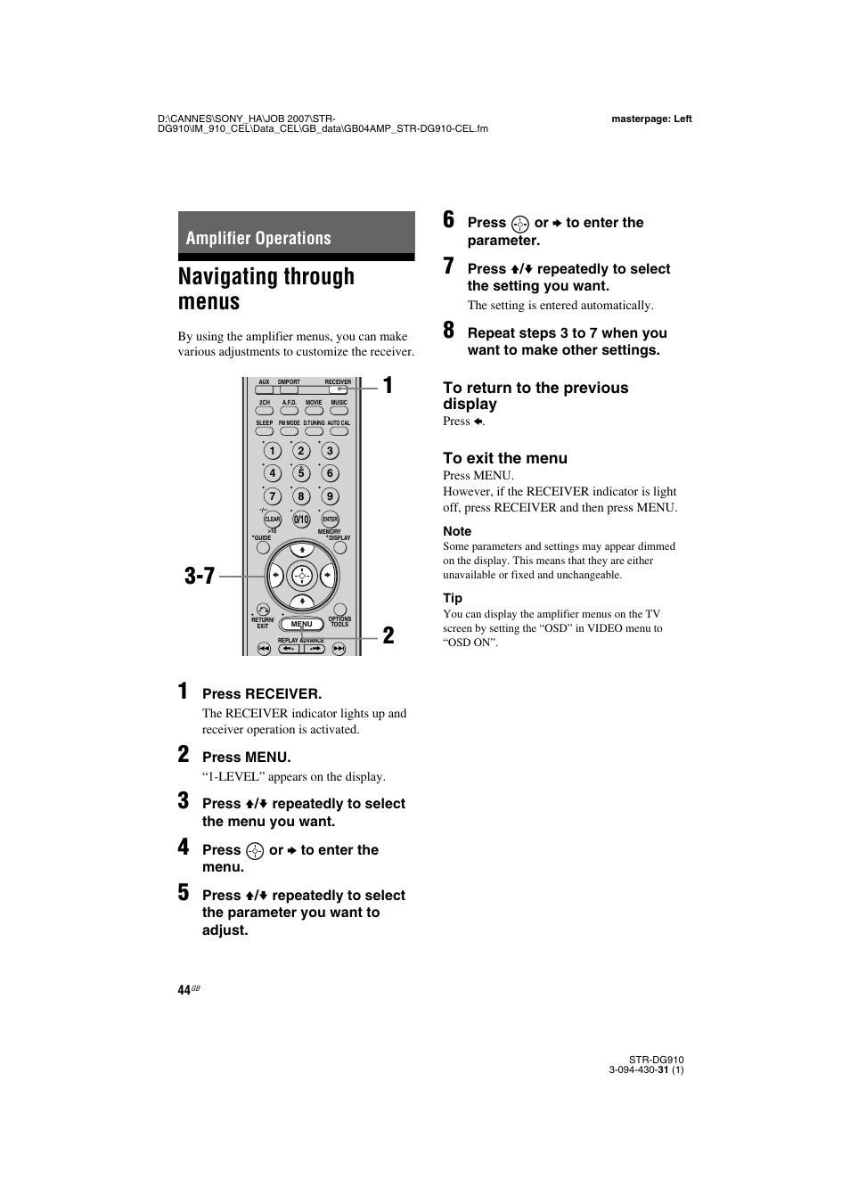 Amplifier operations, Navigating through menus | Sony STRDG910 User Manual | Page 44 / 96
