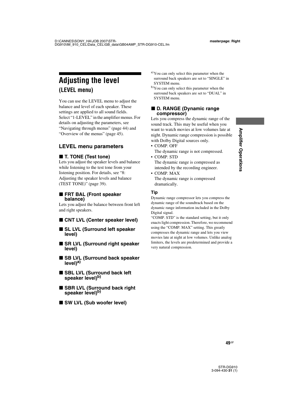 Adjusting the level (level menu), Adjusting the level, Level menu) | Sony STRDG910 User Manual | Page 49 / 96