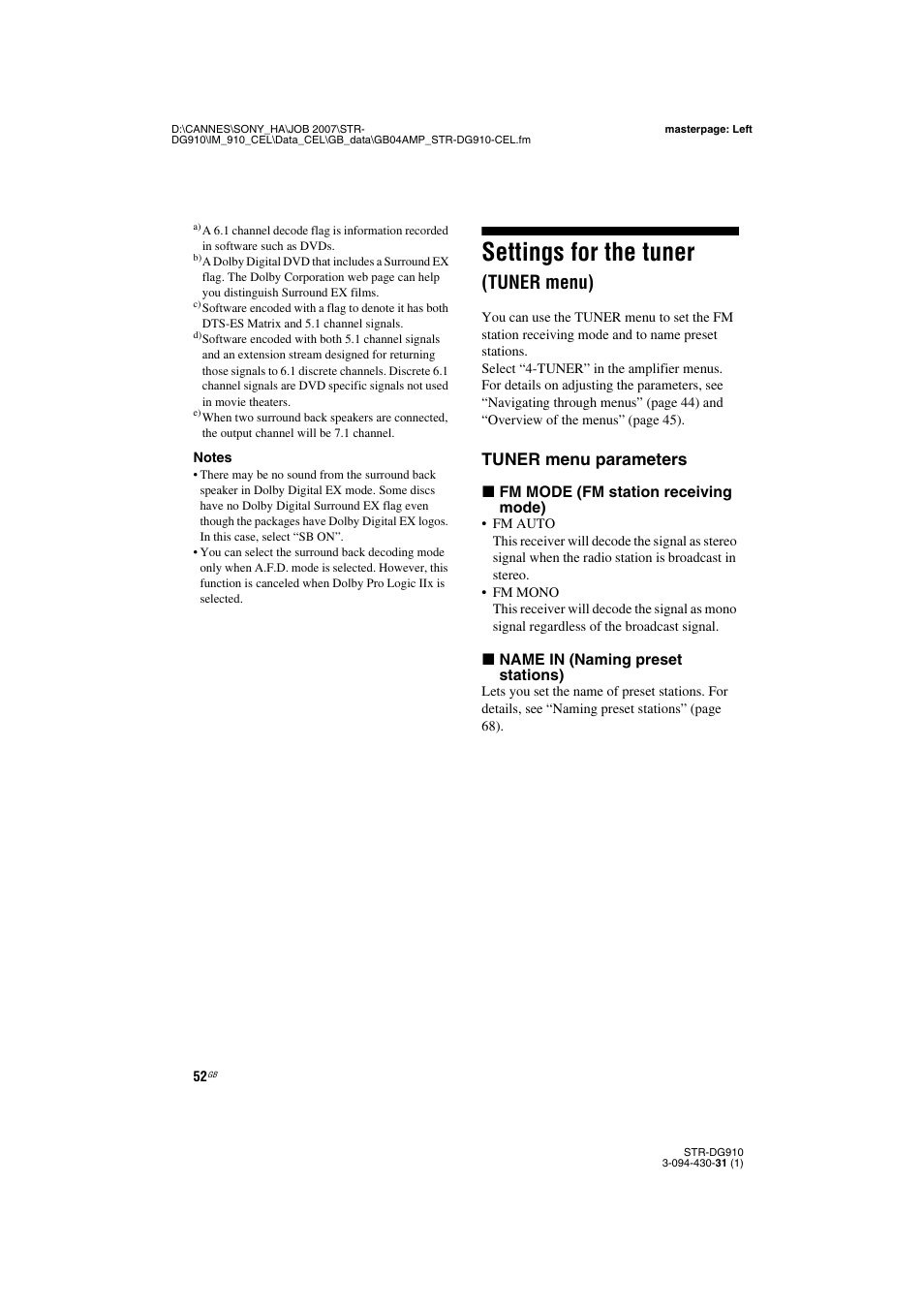 Settings for the tuner (tuner menu), Settings for the tuner, Tuner menu) | Tuner menu parameters | Sony STRDG910 User Manual | Page 52 / 96