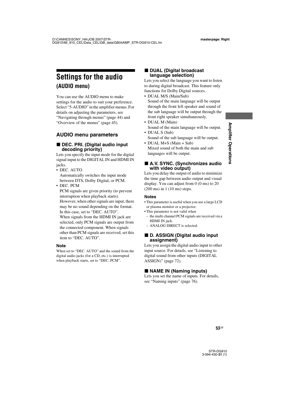 Settings for the audio (audio menu), Settings for the audio, Audio menu) | Sony STRDG910 User Manual | Page 53 / 96