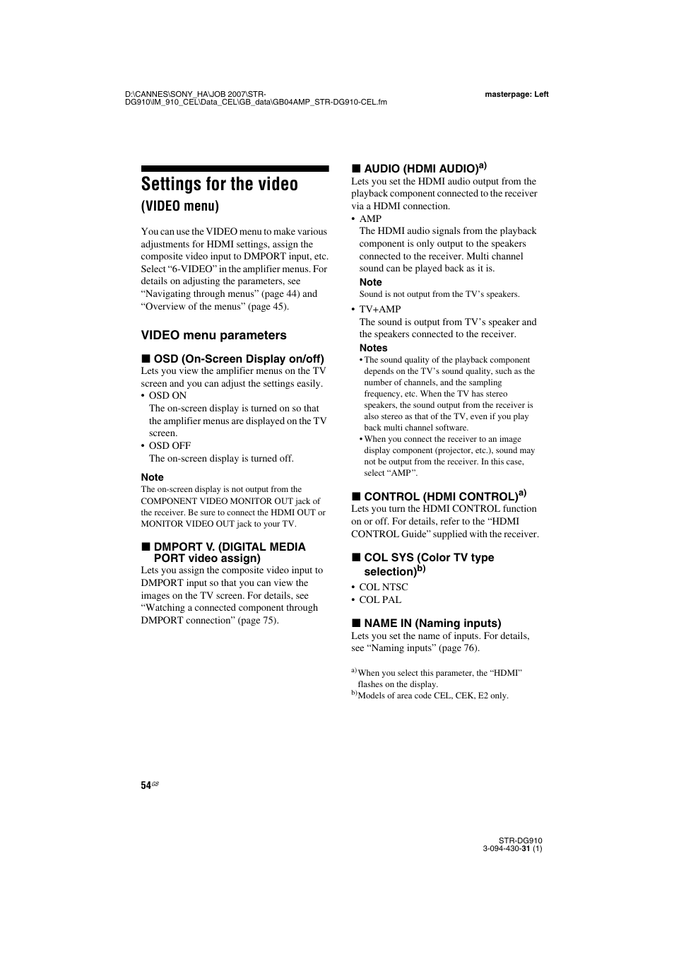 Settings for the video (video menu), Settings for the video, Video menu) | Video menu parameters | Sony STRDG910 User Manual | Page 54 / 96